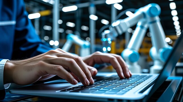 industry 40 factory with industrial engineer working alongside automation robot arms intelligent manufacturing concept 3d rendering
