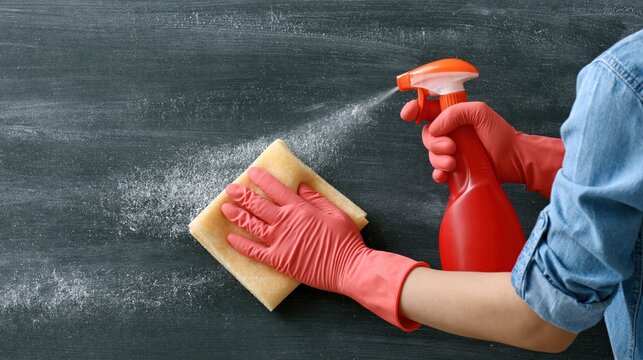 Person in pink gloves sanitizing a chalkboard with a spray bottle and sponge
