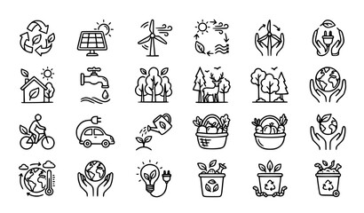 Fototapeta premium Eco friendly line icons set for sustainable living and environmental conservation