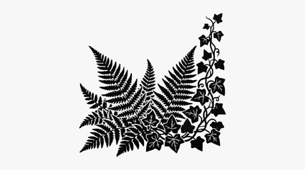 Detailed black and white fern and ivy illustration. © Berkah