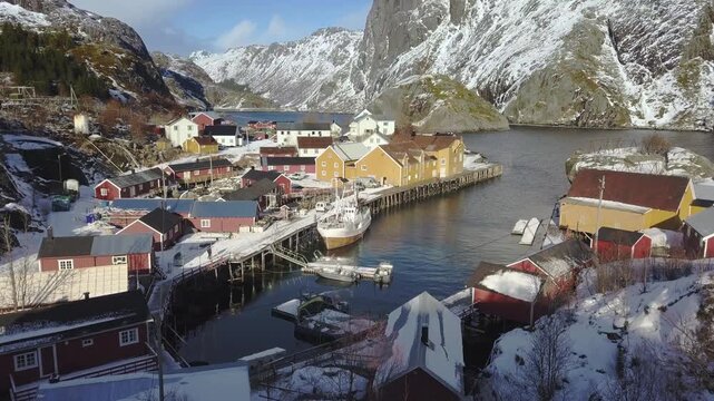 Aerial view of Lofoten winter landscape with historic fishing village of Nusfjord, Lofoten Islands, Norway, Scandinavia