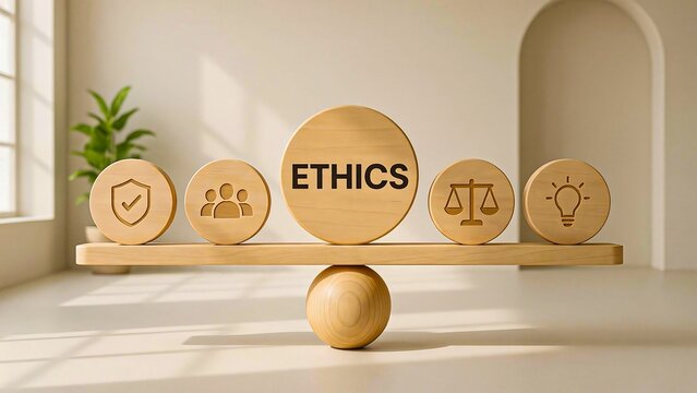 Wooden ethics blocks with justice symbols representing corporate values and integrity