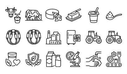 Fototapeta premium Dairy farm icons set milk production agriculture and processing line art