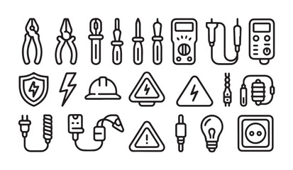 Fototapeta premium Professional electrician tools and electrical safety equipment line icons for web design.