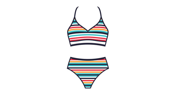 Women's classic striped bikini swimsuit in colorful red, blue, orange, and white horizontal stripes on white background.