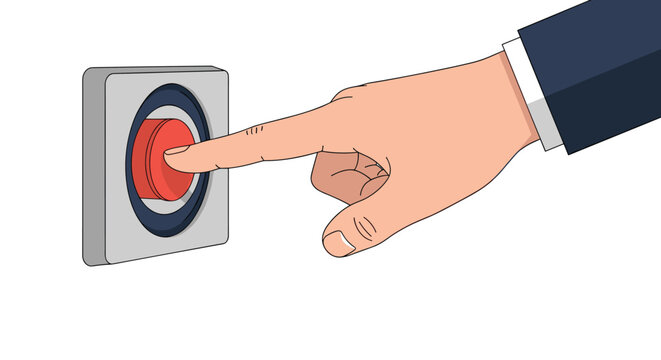 Close up illustration of a businessman hand reaching out to push a bright red emergency security panic button.