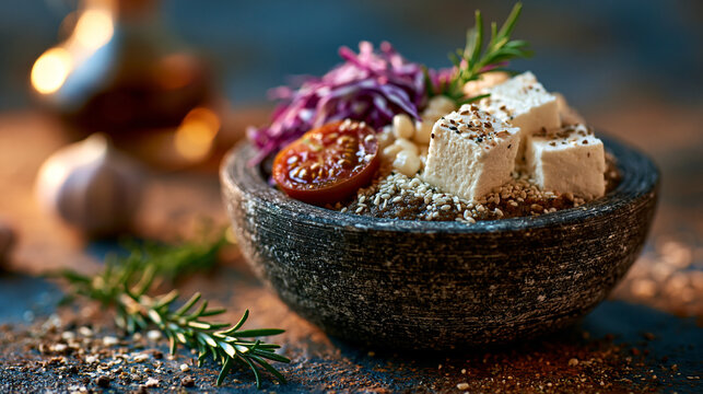 Gourmet salad with fresh feta cheese cubes and rosemary in a dark stone bowl rosemary culinary