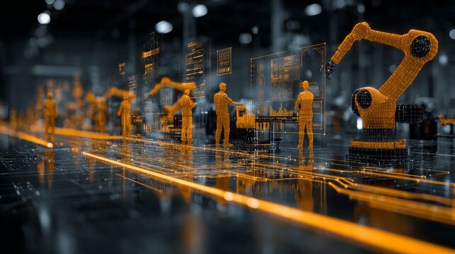 Next-gen automation: robotics and human workforce collaboration. Ai concept. Industry 4 0 concept illustrated with workers and robotic arms. Data intelligence. Cyber technology.