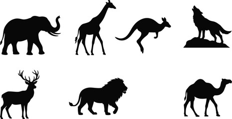 Fototapeta premium Wild Animal Silhouette Collection with Elephant Lion Giraffe Camel Deer Kangaroo and Wolf