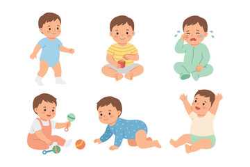 Fototapeta premium Cute baby boy milestones and daily activities character set vector illustration