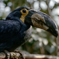 Fototapeta premium Close up portrait of a black toucan bird perched on a tree branch with wildlife, tropical
