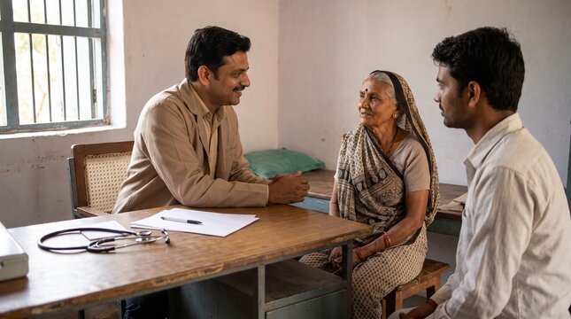 Rural doctor consultation, Village clinic patient care, Elderly Indian patient visit, Primary healthcare service, Clean respectful interior