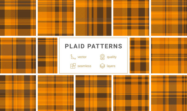 Discover a warm orange and brown plaid pattern with a classic tartan aesthetic. Ideal for cozy autumn textiles, rustic seasonal backgrounds, and timeless fashion or interior design themes.