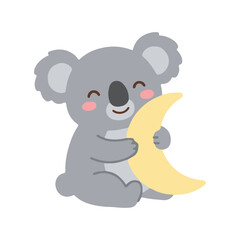 Fototapeta premium Cute grey koala hugging a yellow crescent moon vector illustration