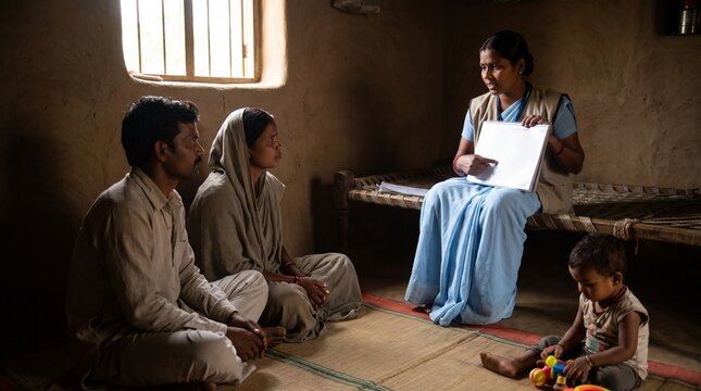 ASHA worker helping family, Village health guidance, Blank chart discussion, Mother child home visit, Respectful public health support