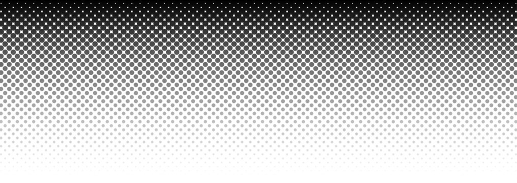 Black gray circular halftone dots fading from dark with transparent background