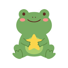Fototapeta premium Cute green frog sitting and holding a yellow star vector illustration