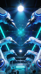 Fototapeta premium Futuristic robotic arms working with blue neon laser lights in automated factory.