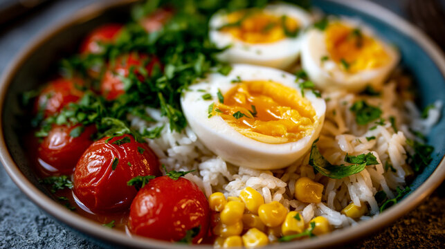 Healthy rice bowl topped with boiled eggs cherry tomatoes and corn tomatoes breakfast