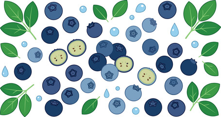 Sweet blue berry vector illustration bundle containing raw whole blueberries sliced cross sections green leaves and bubbles for juice packaging © Nasrin