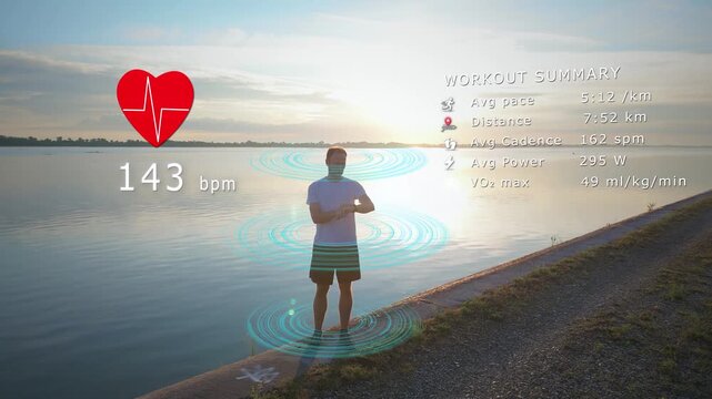 Runner with AI fitness analytics HUD displaying workout summary, heart rate, pace, cadence, power and biometric performance
