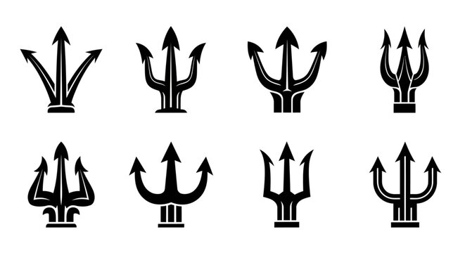 Set of black trident icons representing Poseidon and Neptune symbols
