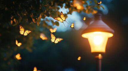 Fototapeta premium Magical scene of glowing butterflies and moths flying around a warm light bulb street lamp at night
