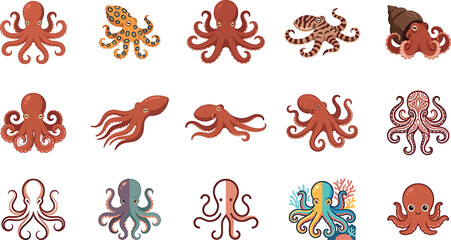 Octopus marine life vector illustration set featuring blue ringed octopus tentacles kraken symbols and underwater ocean icons © ALOMGIR