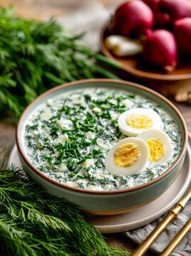 Traditional Polish Chłodnik Cucumber Soup with Egg &ndash; AI Generative