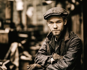 Fototapeta premium Industrial Worker Portrait in Vintage Factory – AI Generative