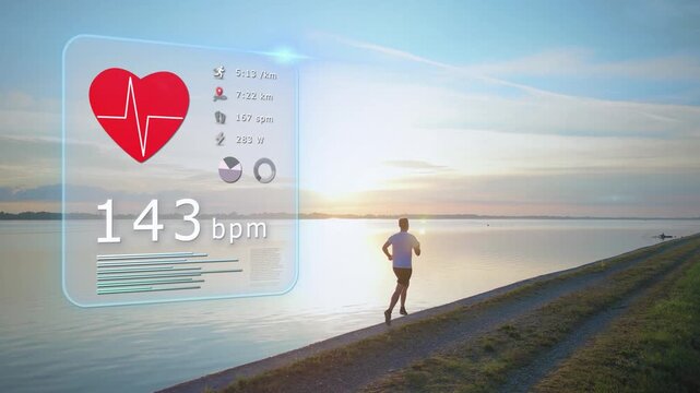 Runner with fitness HUD monitoring heart rate, pace, distance, cadence, power and performance analytics outdoors