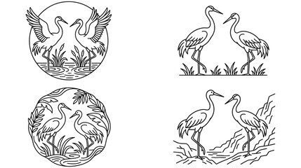 Obraz premium Minimalist storks and cranes line art drawing set with nature elements.