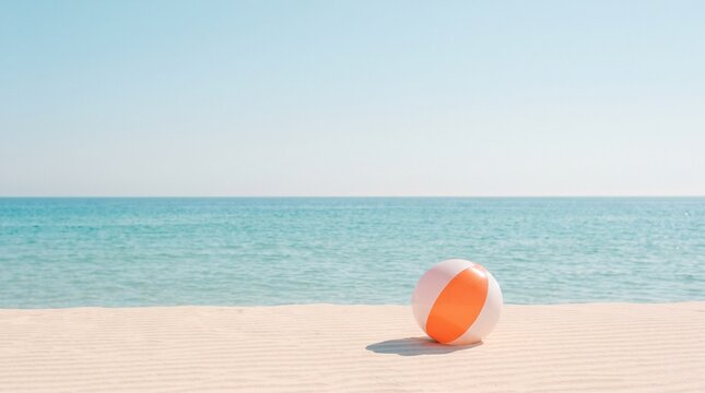 Minimalist beach ball on sandy shore, orange and white inflatable toy on tropical coast, serene summer vacation background with turquoise ocean water