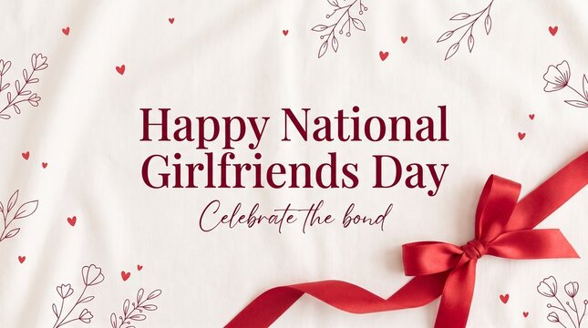 Happy National Girlfriends Day greeting card, elegant white fabric background with red ribbon, floral line art and hearts for friendship celebration