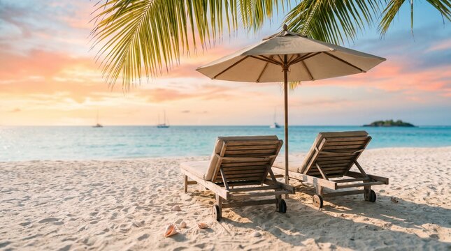 Tropical beach sunset with wooden lounge chairs and umbrella, serene ocean landscape at dusk, luxury island resort vacation scenery