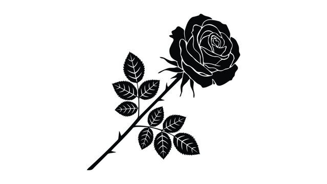Black rose silhouette with stem and leaves flower