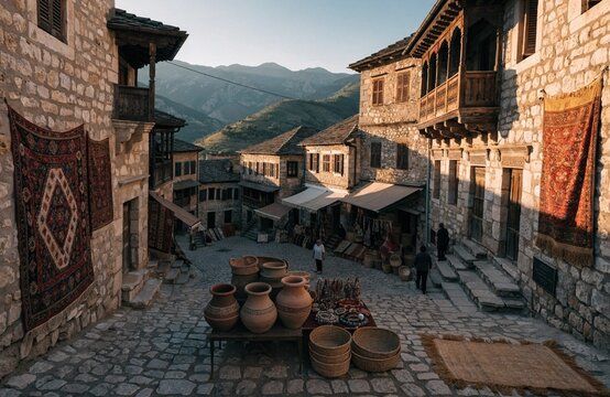 Historic Albanian stone street with traditional architecture wooden balconies market stalls clay pots woven baskets carpets intricate patterns mountains cultural heritage travel generated ai