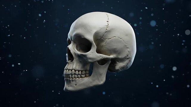 Digital cinematic display of human skulls rotating against a dark cosmic backdrop emphasizing mortality and the universe