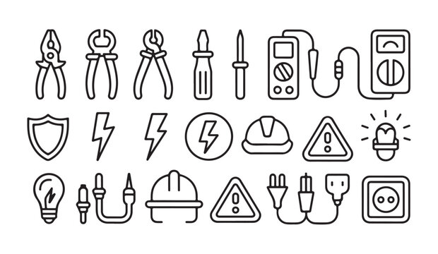 Electrical maintenance tools and technician professional safety equipment outline icons.