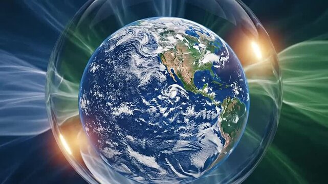 A glowing planet sphere floating within a dark abstract energy field