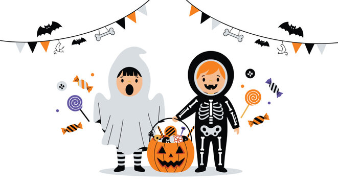 Happy cartoon children trick or treating in ghost and skeleton costumes with a big pumpkin basket full of candies.