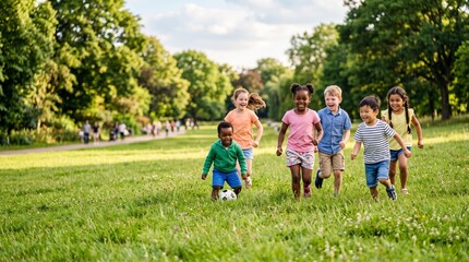 Fototapeta premium Diverse group of happy children playing soccer in a sunny park on a summer day