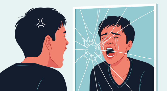 Angry young man screaming at his own reflection crying in a shattered mirror representing mental health struggle.