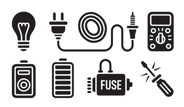 Set of electronic components and electrical equipment icons for power energy application.