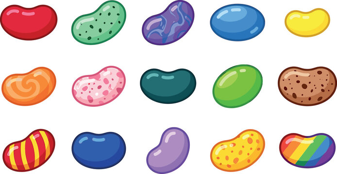 Colorful jelly bean candy vector illustration set featuring various sweet flavors textures glossy finishes and rainbow confections