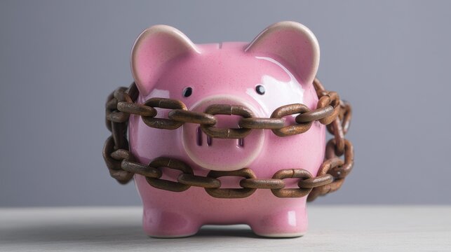 Pink ceramic piggy bank bound with heavy iron chains. Concept of frozen assets, debt, or financial security