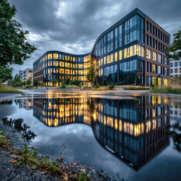 Modern Glass Office Building at Dusk AI Generative