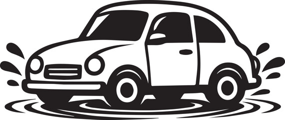 Naklejka premium Black and white vector icon of a small car splashing water Vector, illustration