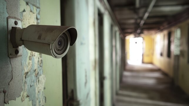 Security camera in a gritty abandoned building corridor monitoring the area