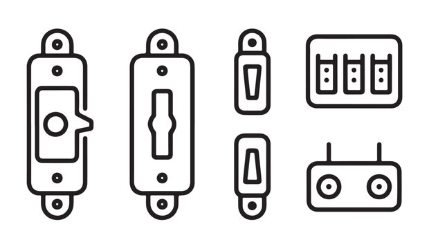 Linear vector set of electrical toggles switches and industrial control button hardware.